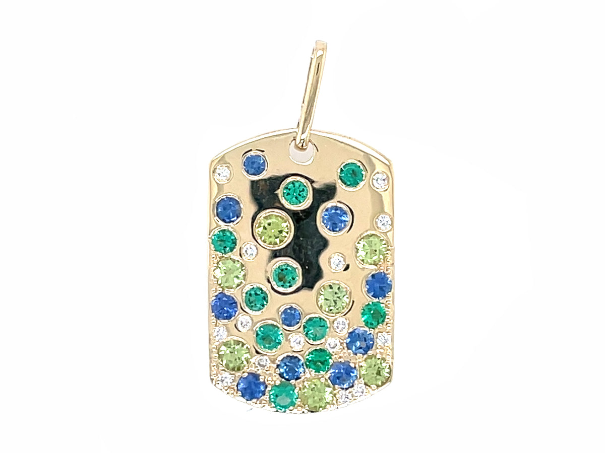 Sapphire, Emerald, Peridot Diamond Dogtag Flush Set Pendant Without Chain, 22x15mm