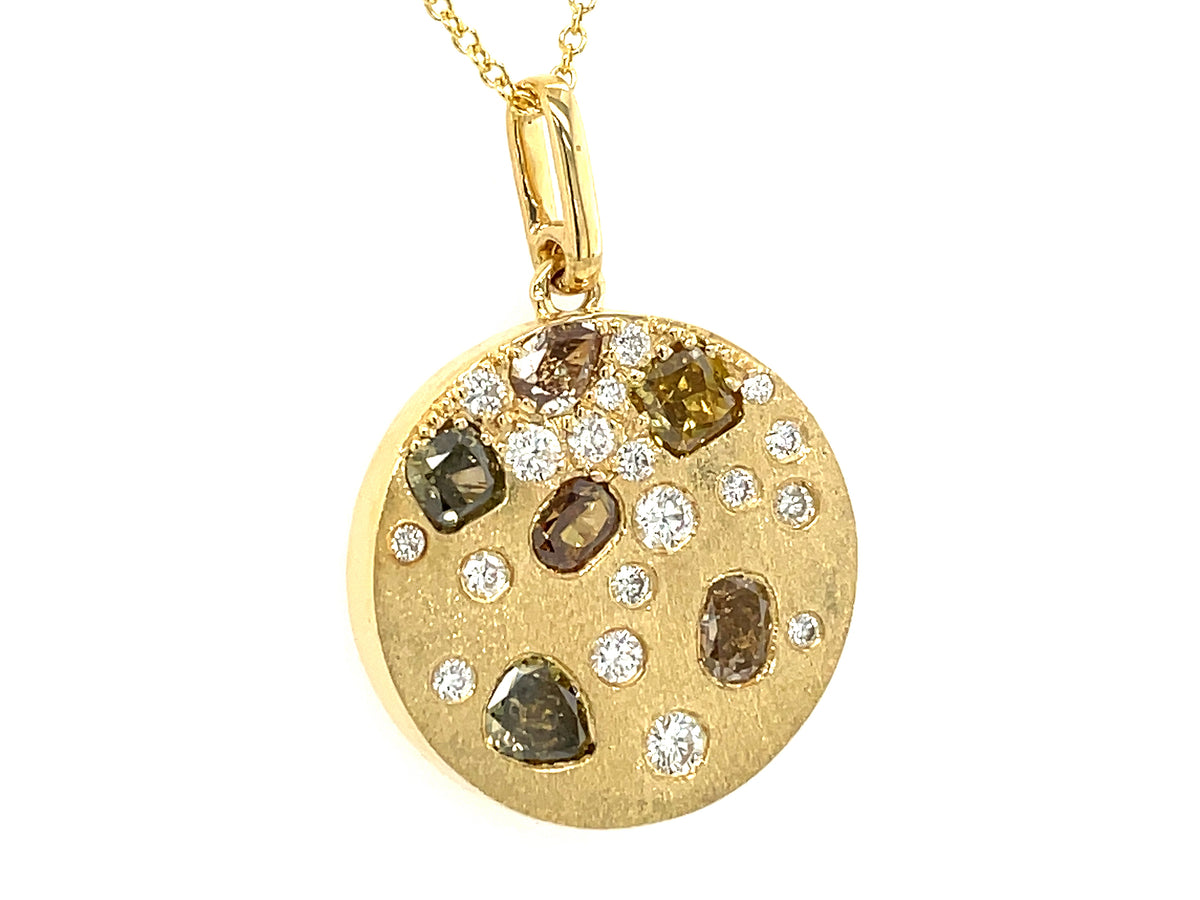 NATURAL FANCY COLOR & WHITE DIAMOND DISC PENDANT, SATIN FINISH