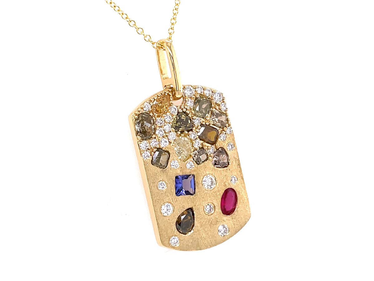NATURAL FANCY COLOR DIAMOND, TANZANITE, RUBY & DIAMOND PENDANT, SATIN FINISH