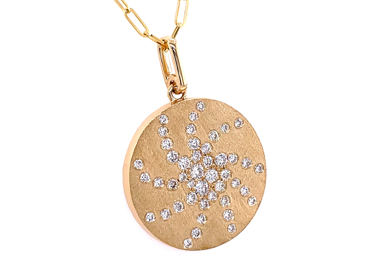 DIAMOND FLUSH SET DISC GALAXY PENDANT, 20MM, 18" PAPERCLIP CHAIN, SATIN FINISH, 14KY (N)