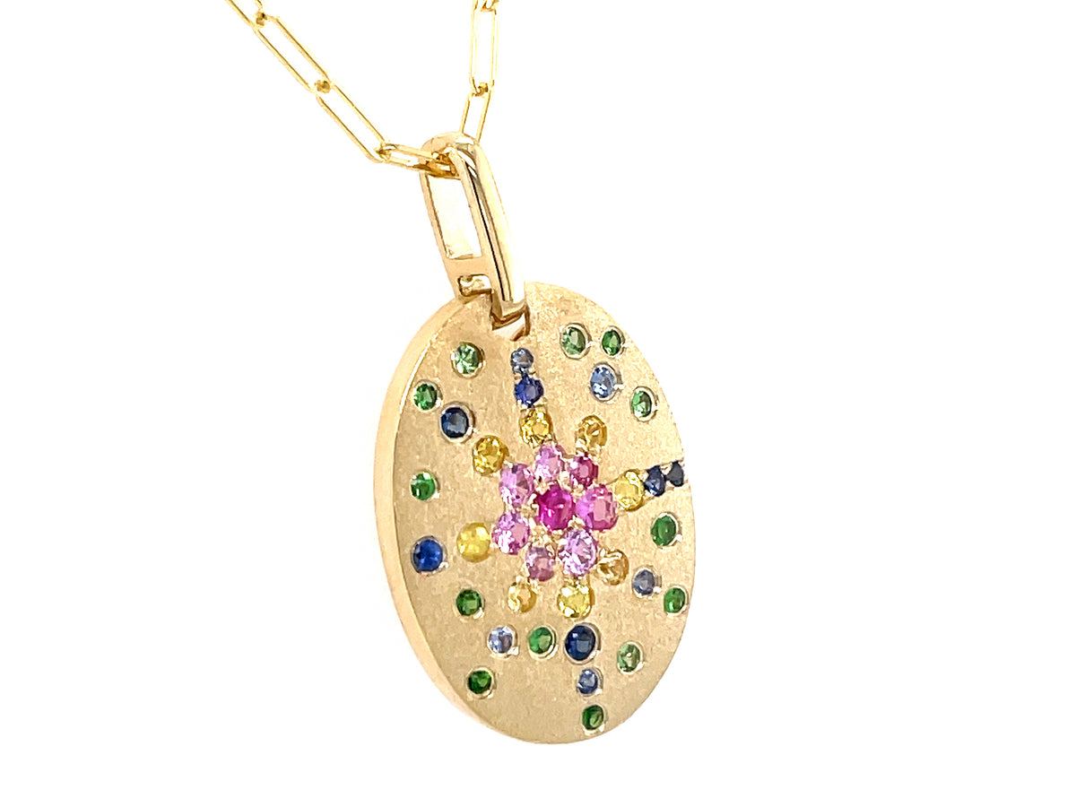 RAINBOW SAPPHIRE (H) & TSAVORITE (N) FLUSH SET OVAL GALAXY PENDANT, 20X15MM, 18" PAPERCLIP CHAIN, SATIN FINISH, 14KY