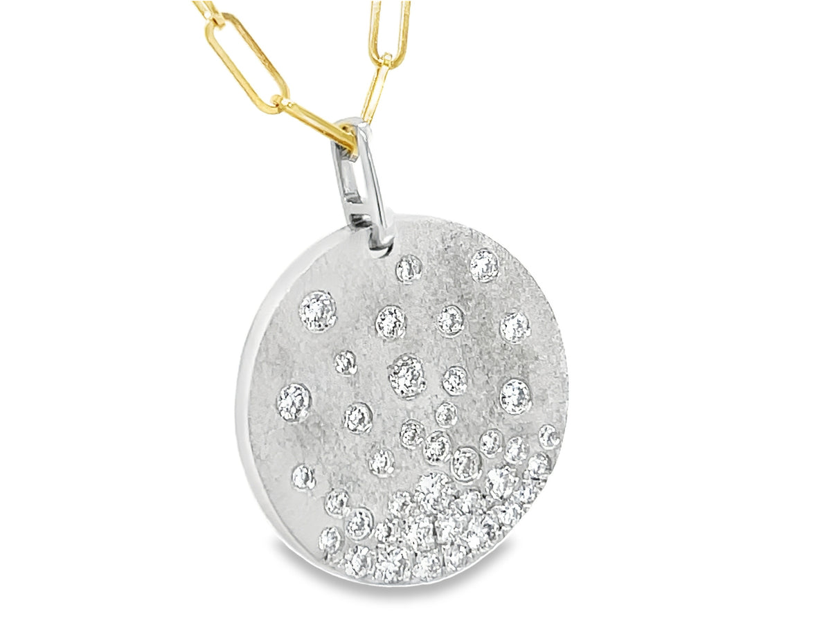 Diamond Flush Set Disc Pendant, 19.8mm, 18" Paperclip Chain, Satin Finish