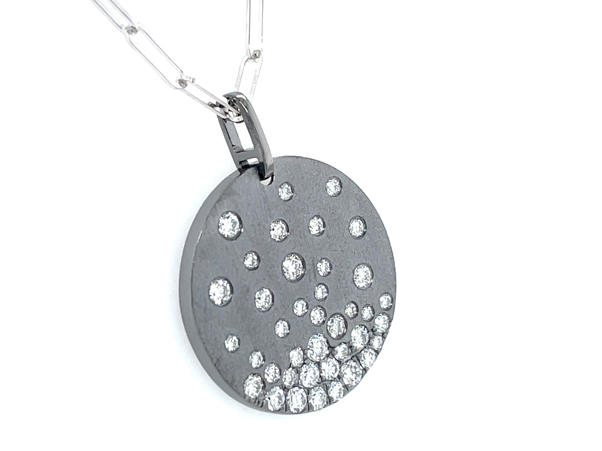 DIAMOND FLUSH SET DISC PENDANT, 19.8MM, 18" PAPERCLIP WHITE CHAIN, SATIN FINISH