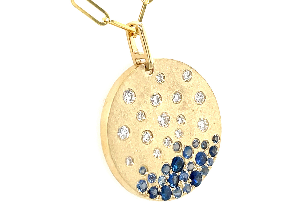 SAPPHIRE & DIAMOND FLUSH SET DISC PENDANT, SATIN FINISH