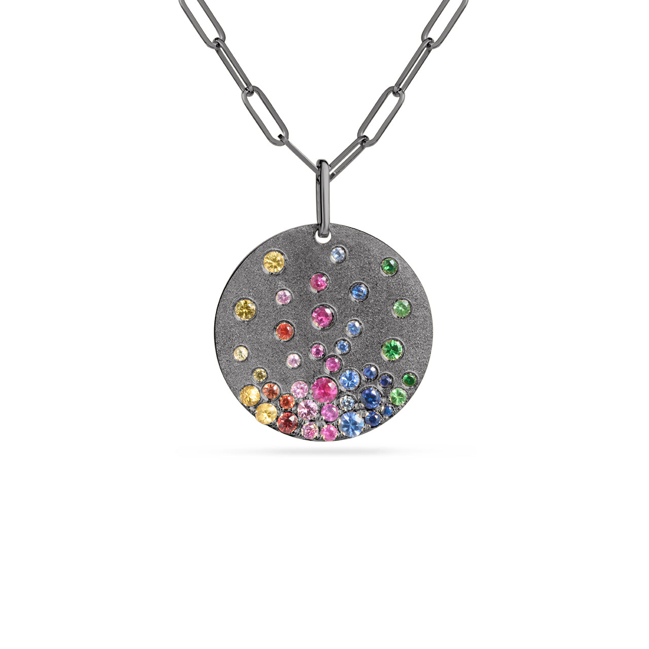 Rainbow Sapphire Confetti 20mm Disc Necklace