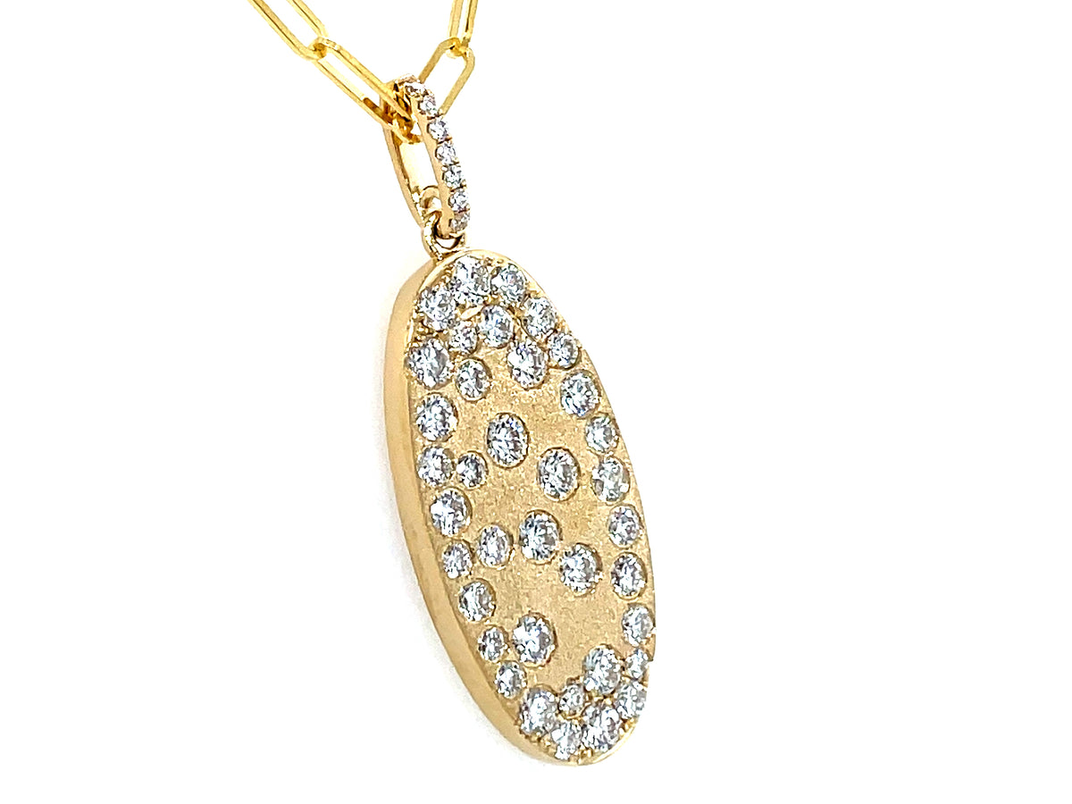 DIAMOND CONFETTI OVAL DISC PENDANT, 25X12MM, 18" PAPERCLIP CHAIN, SATIN FINISH