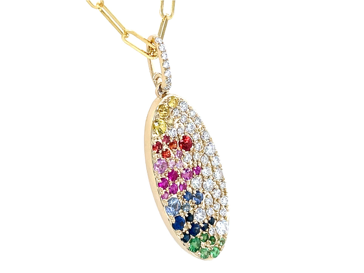 RAINBOW SAPPHIRE, RUBY, TSAVORITE & DIAMOND PAVE OVAL PENDANT, 24X11MM, 18" PAPERCLIP CHAIN