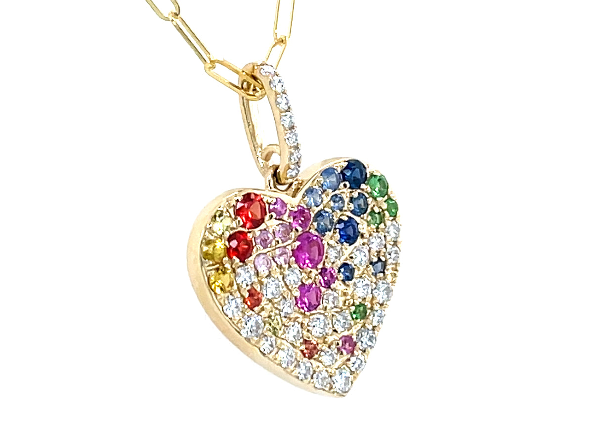 RAINBOW SAPPHIRE, RUBY, TSAVORITE & DIAMOND HEART PENDANT, 14MM