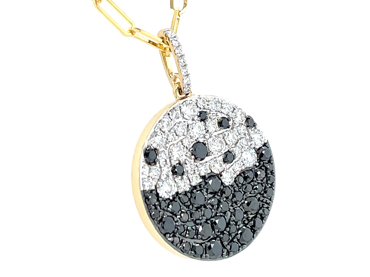 BLACK & WHITE DIAMOND PAVE DISC PENDANT, 19MM, 18" PAPERCLIP CHAIN
