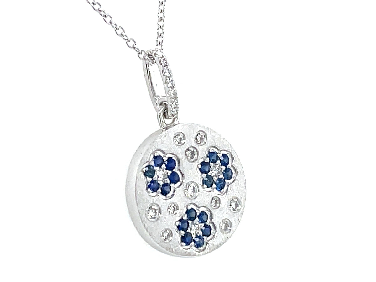 Sapphire Diamond Florette Disc Pendant, 14.6mm, 18"/16" Chain, Satin Finish