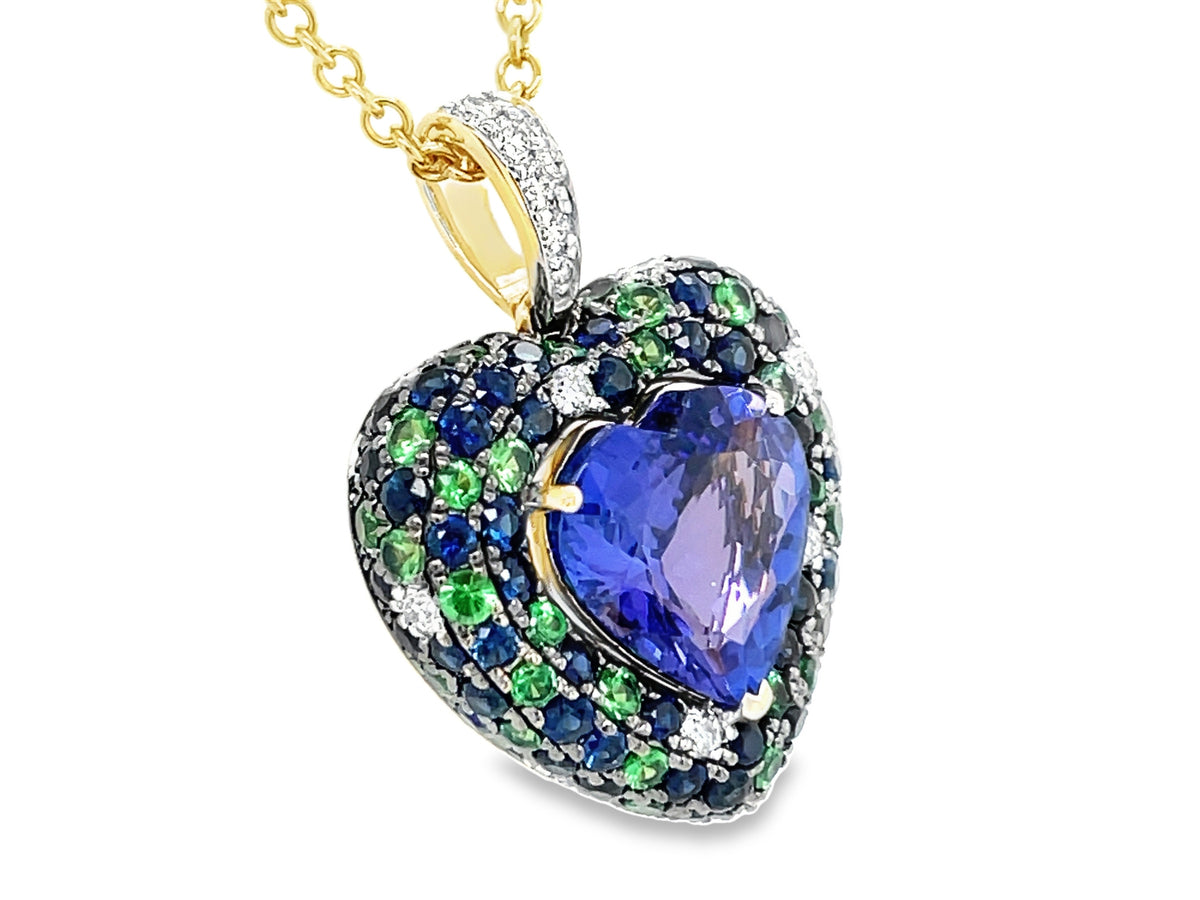 TANZANITE HEART, SAPPHIRE, TSAVORITE & DIAMOND PENDANT