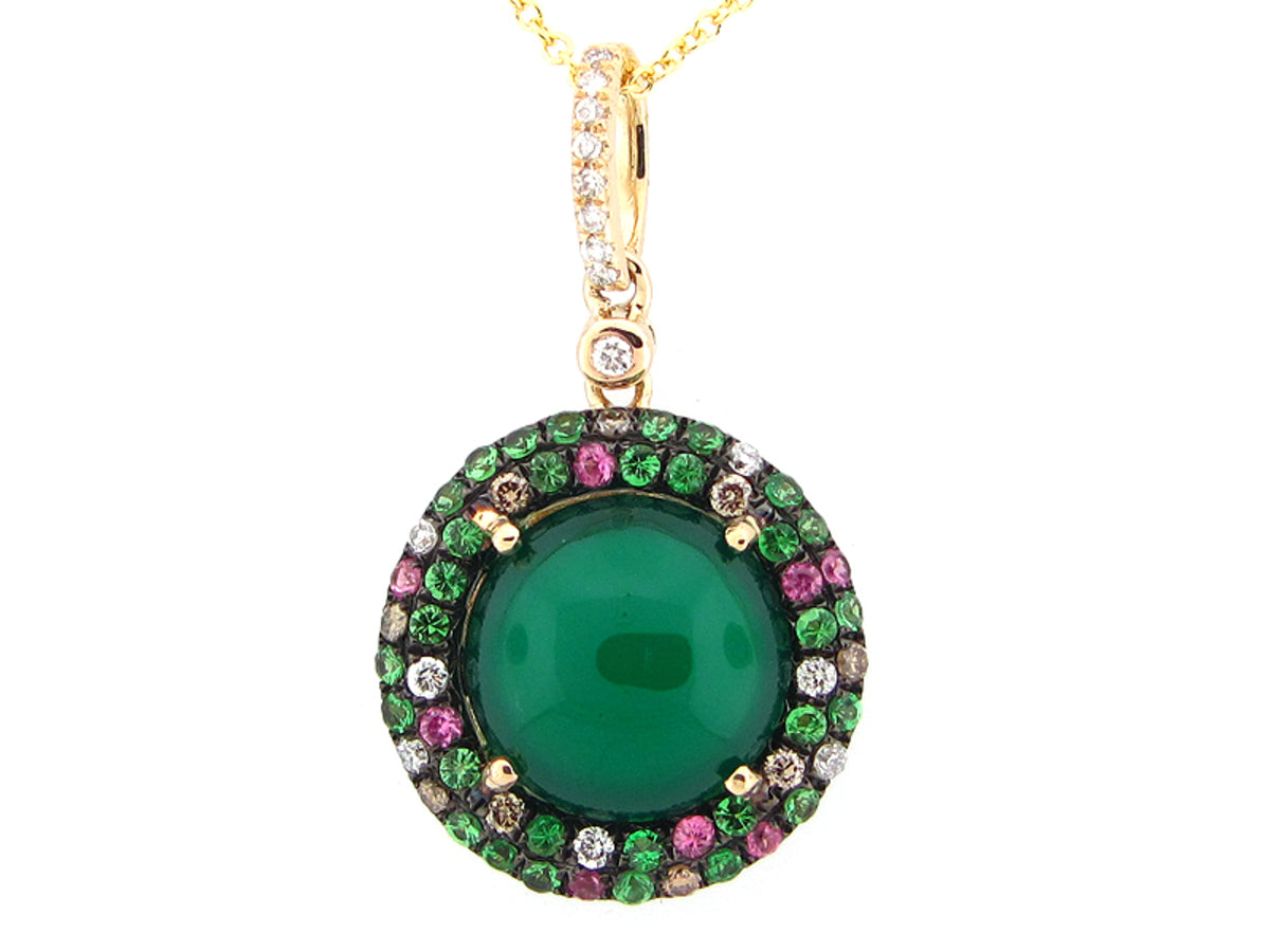GREEN AGATE, PINK SAPPHIRE, TSAVORITE, BROWN & WHITE DIAMOND PENDANT, 14KY (D/H/N)