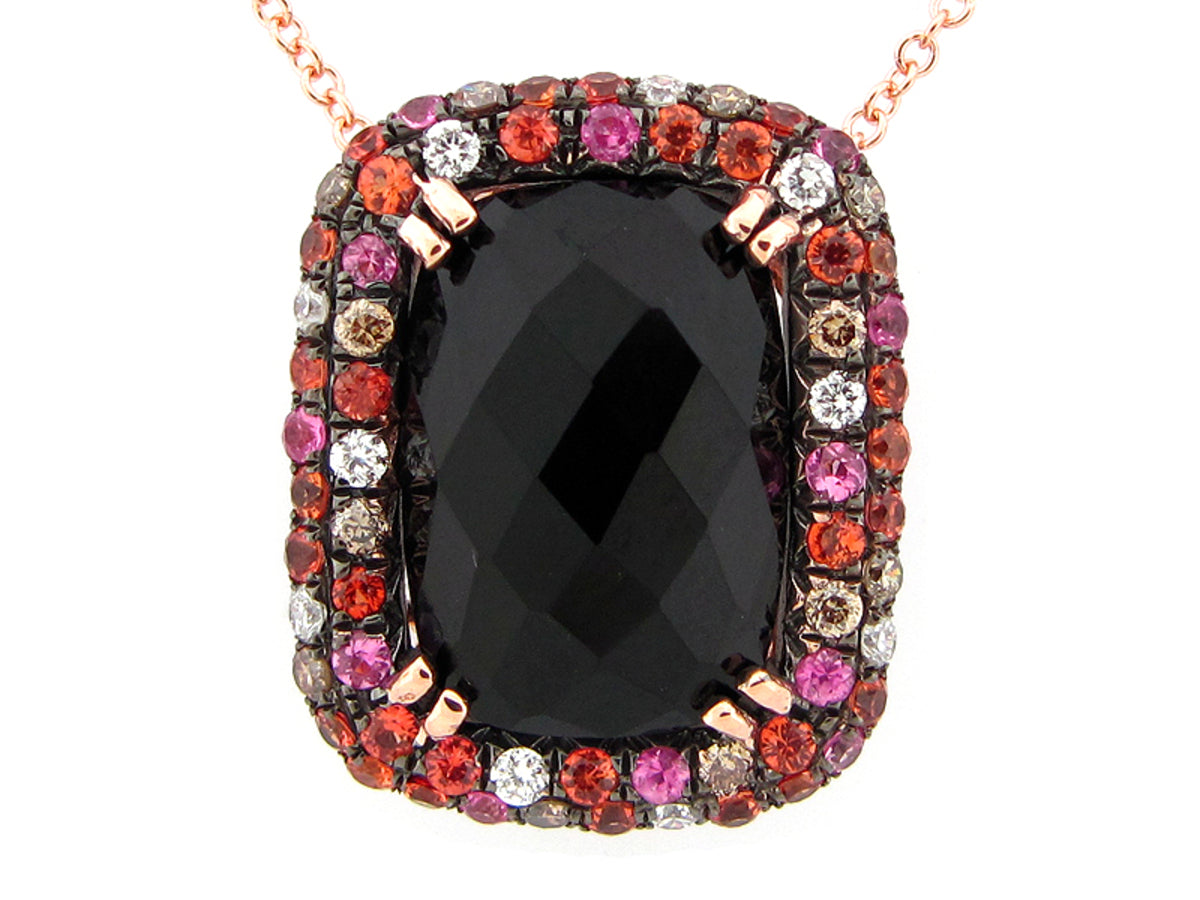 CHB BLACK ONYX, BROWN & WHITE DIAMOND, PINK & ORANGE SAPPHIRE PENDANT, 14KR (D/H/N), C=4.73