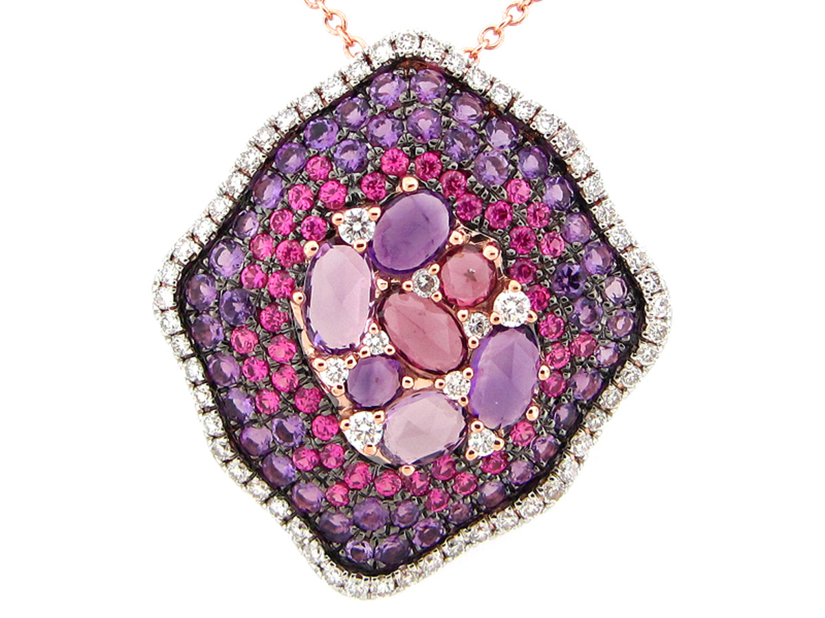 PINK SAPPHIRE, RHODOLITE, AMETHYST & DIAMOND PENDANT, 14KR (H/N)