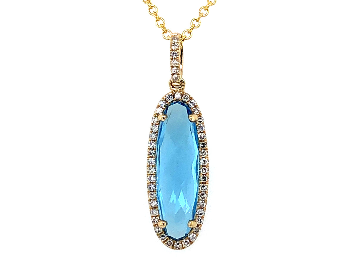 SWISS BLUE TOPAZ OVAL & DIAMOND PENDANT, 14KY (R)