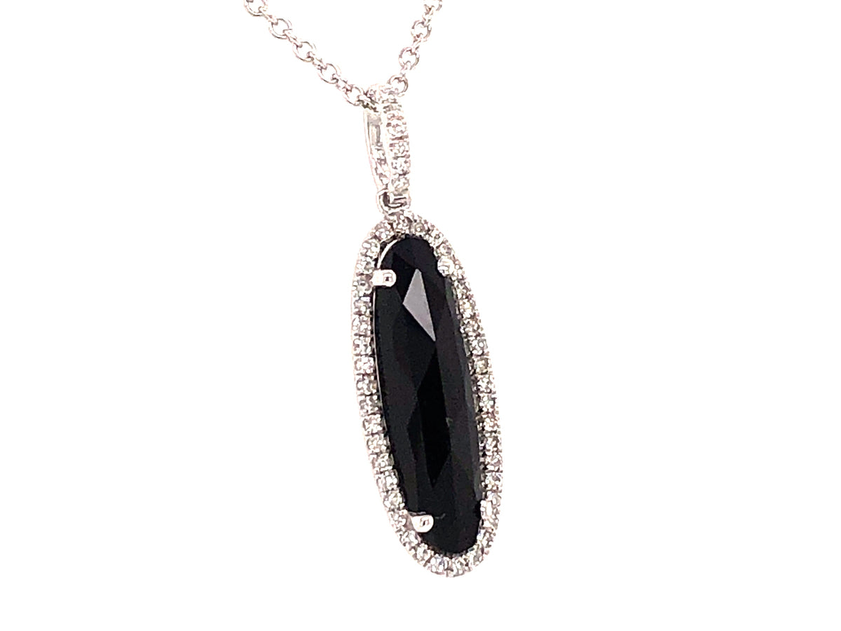 BLACK ONYX OVAL & DIAMOND PENDANT, 14KW (D)