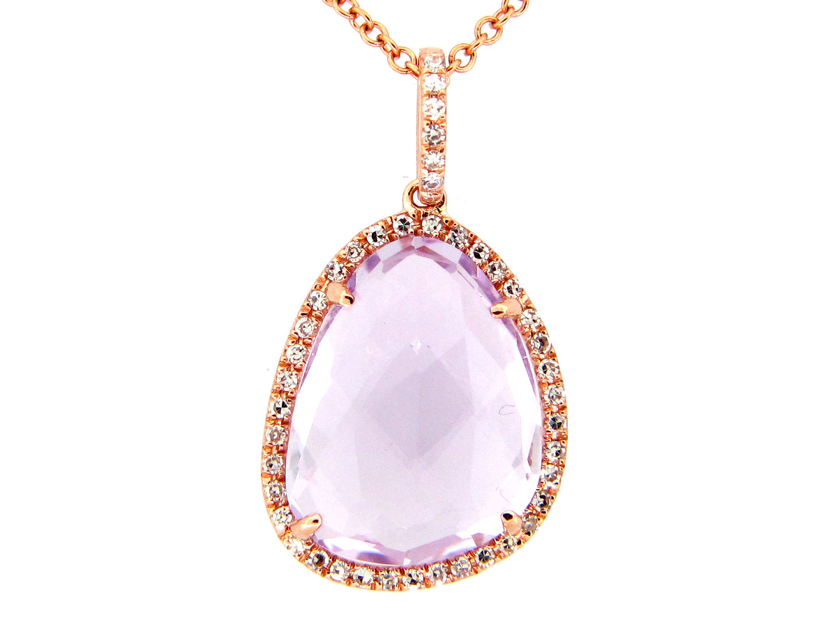 PINK AMETHYST & DIAMOND HALO PENDANT, 14KR (H)