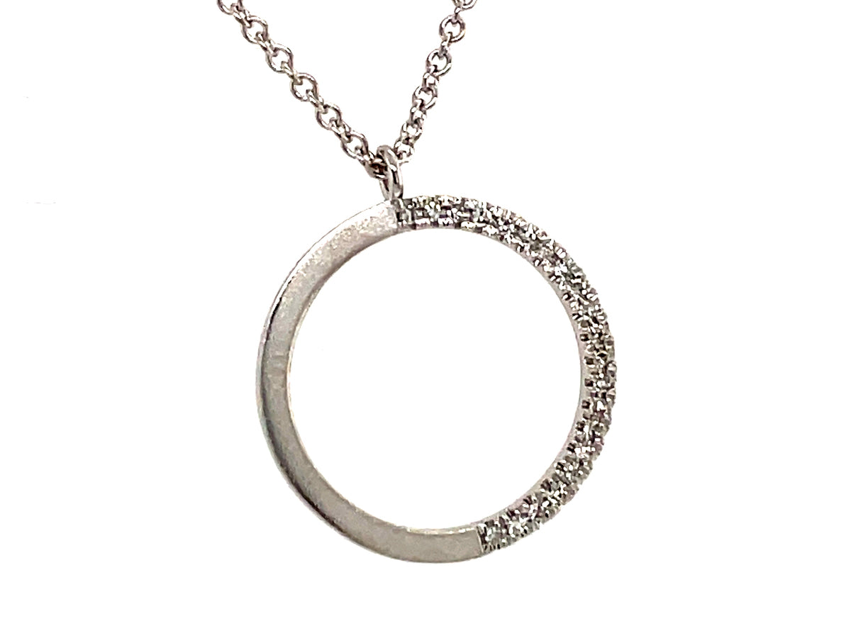 DIAMOND CIRCLE HALF PENDANT NECKLACE, 18"/17"/16", SATIN FINISH, 14KW (N)