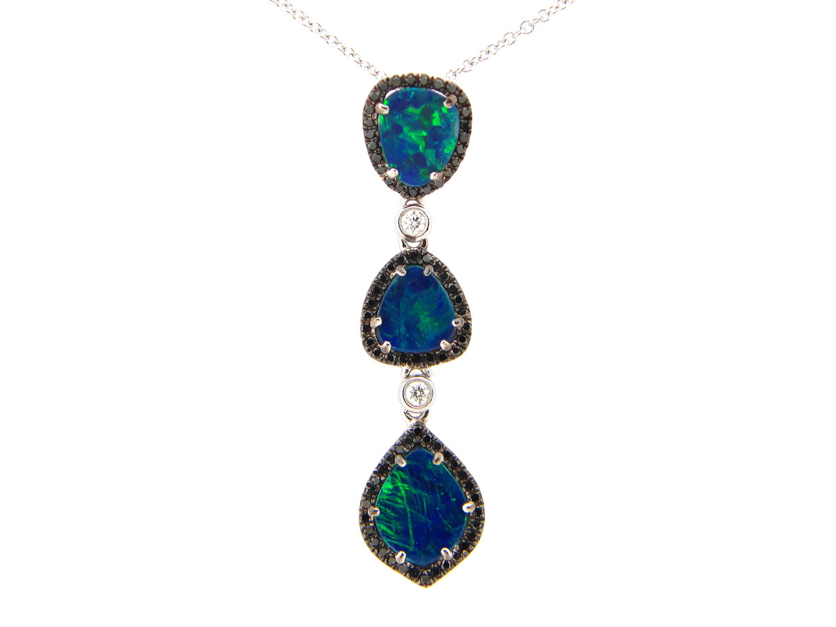 BLACK OPAL DOUBLET, BLACK & WHITE DIAMOND 3 SECTION PENDANT, 14KW (ASBL)