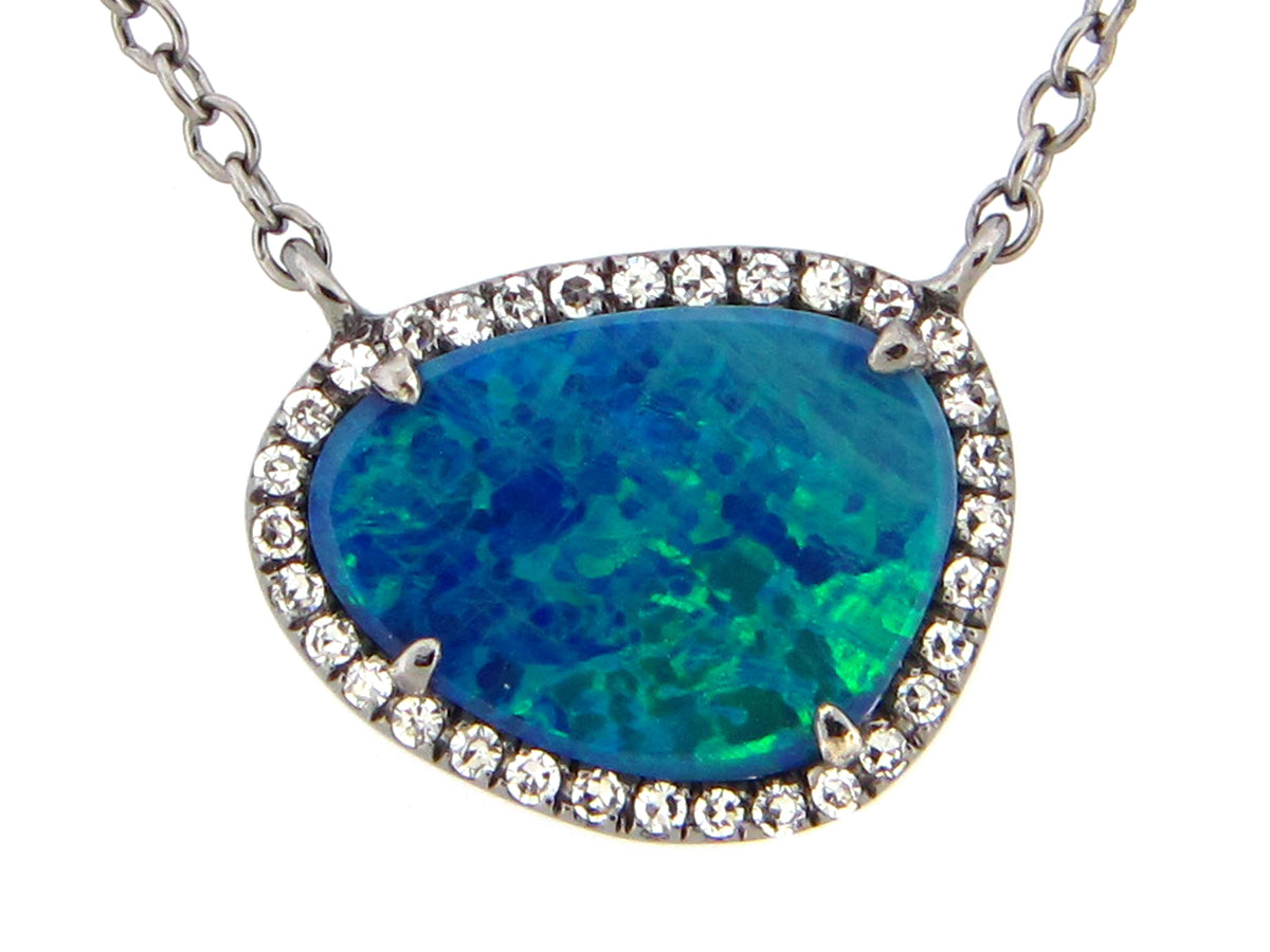 BLACK OPAL DOUBLET & DIAMOND PENDANT NECKLACE, 18"/17"/16", 14K BLACK FINISH (ASBL)
