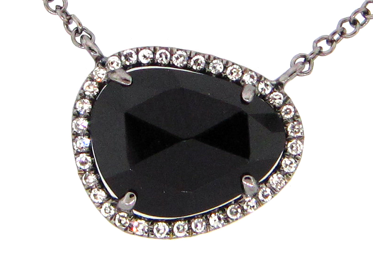 BLACK ONYX & DIAMOND PENDANT NECKLACE, 18"/17"/16", 14K BLACK FINISH (D)