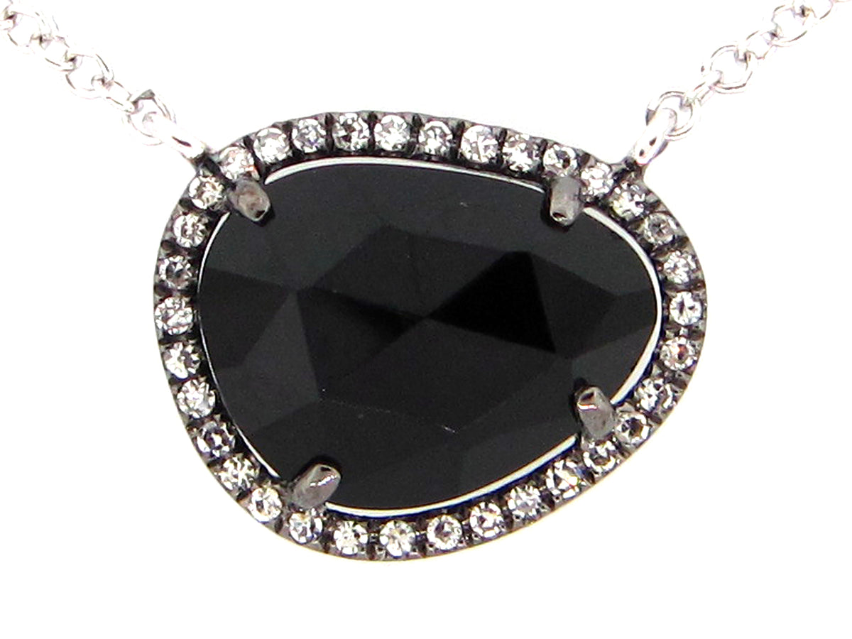 BLACK ONYX & DIAMOND PENDANT NECKLACE, 18"/17"/16", 14K BLACK FINISH/ WHITE CHAIN (D)
