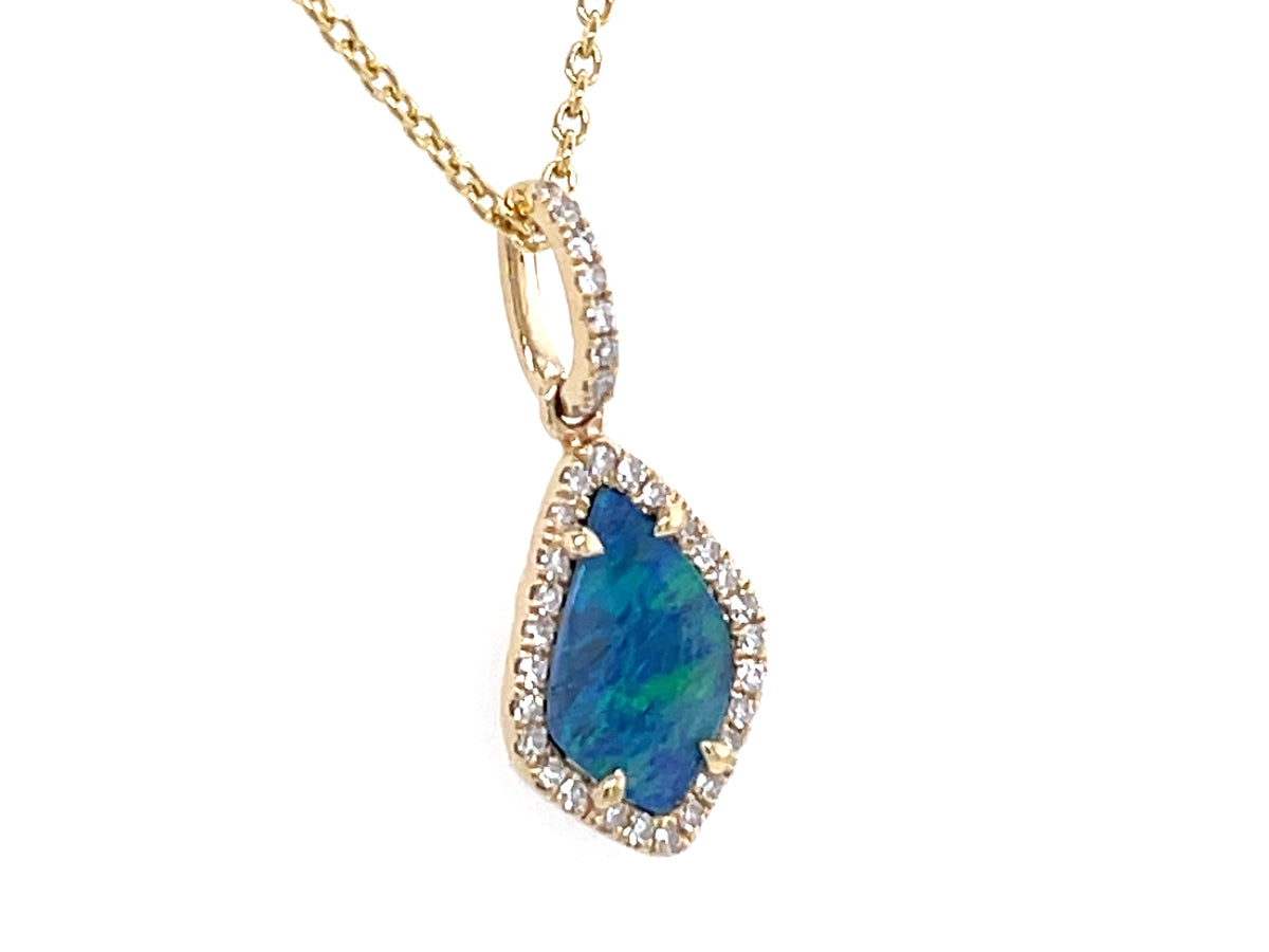 BLACK OPAL DOUBLET & DIAMOND TEAR DROP PENDANT, 16"