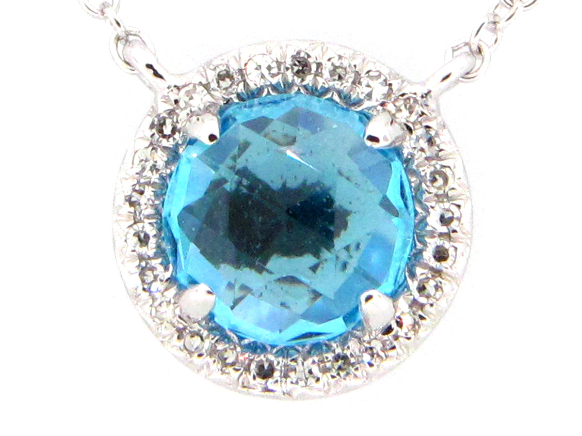 SWISS BLUE TOPAZ & DIAMOND PENDANT NECKLACE, 18"/17"/16", 14KW (R)
