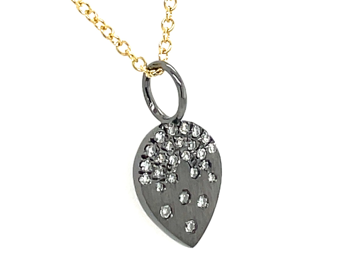 DIAMOND FLUSH SET PEAR PENDANT NECKLACE, SATIN FINISH, 14K BLACK FINISH, 18"/16" YELLOW CHAIN (N)