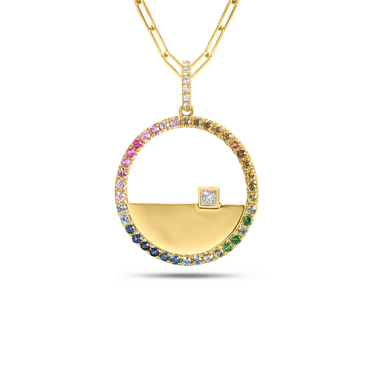 Rainbow Sapphire & Diamond Geometric Circle Necklace