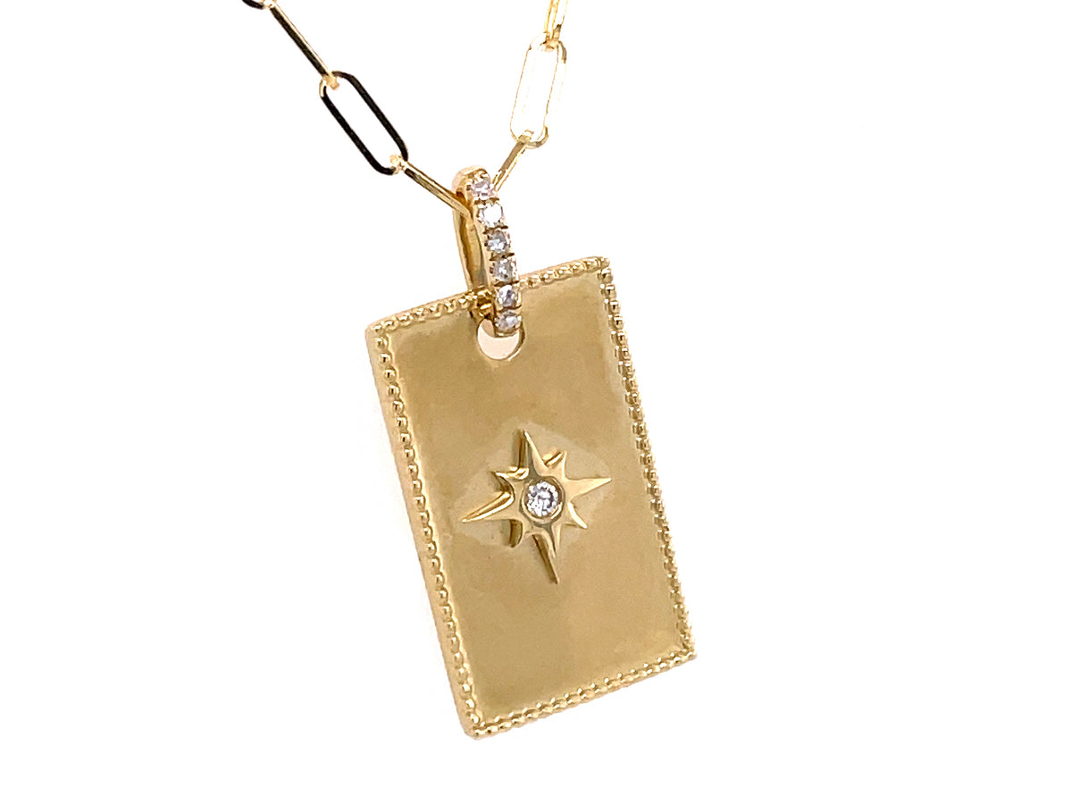 DIAMOND STARBURST RECTANGLE PENDANT, 18" PAPER CLIP CHAIN, SATIN FINISH