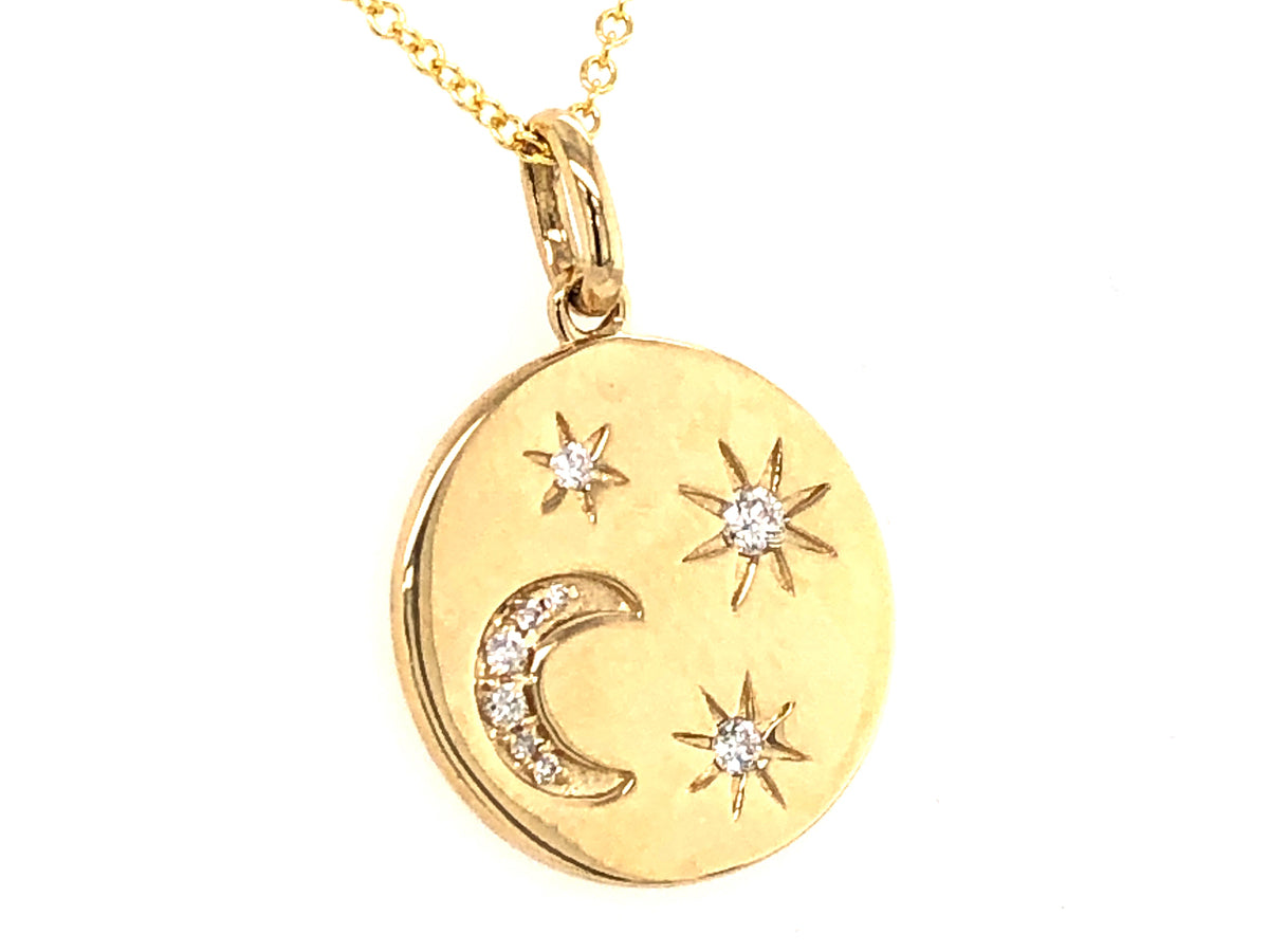 DIAMOND FLUSH SET MOON & STARS DISC PENDANT, 14KY (N)
