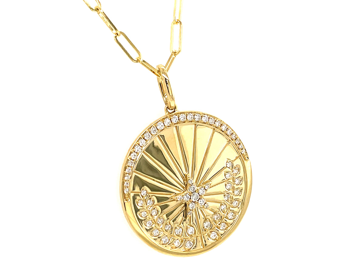 DIAMOND STAR & LAUREL MEDALLION PENDANT, 25MM, 18" PAPERCLIP CHAIN, 14KY (N)