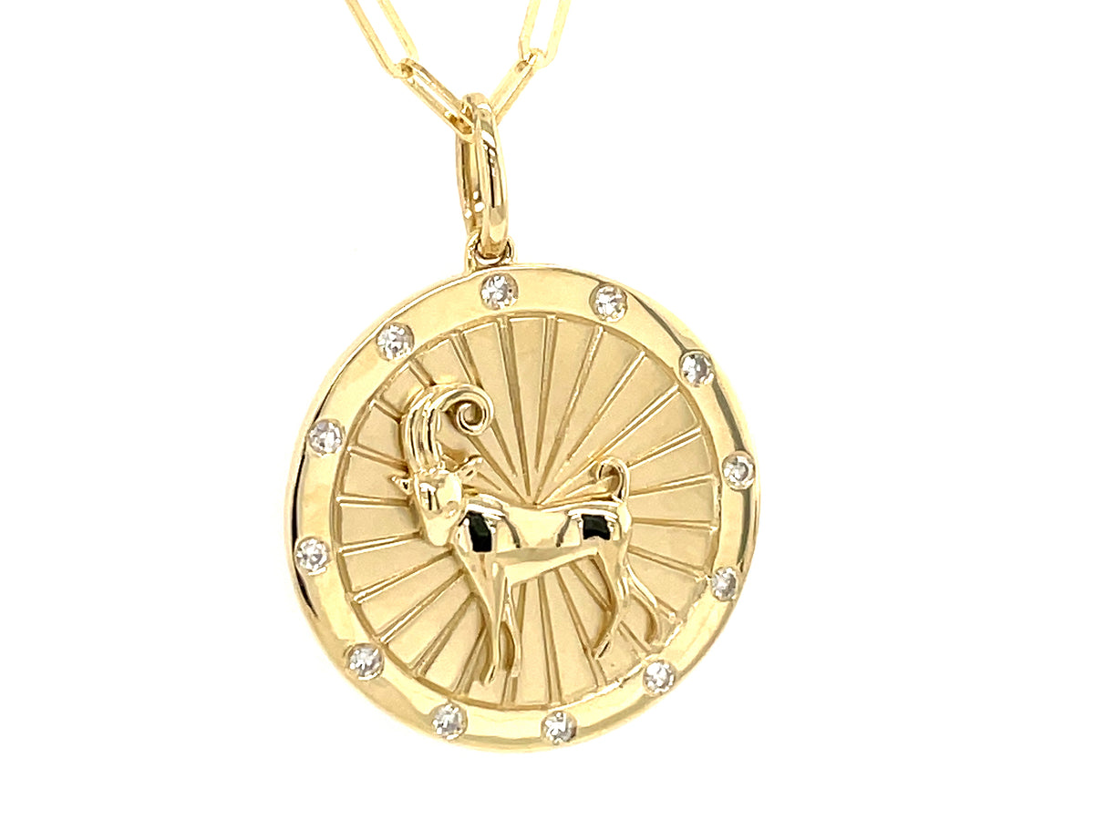 DIAMOND ARIES MEDALLION PENDANT, 18" PAPERCLIP CHAIN, 14KY (N)