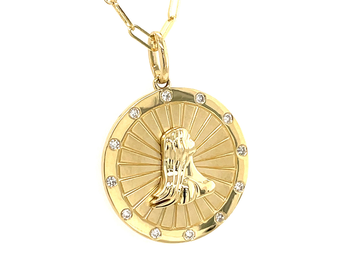 DIAMOND VIRGO MEDALLION PENDANT,18" PAPERCLIP CHAIN, 14KY (N)