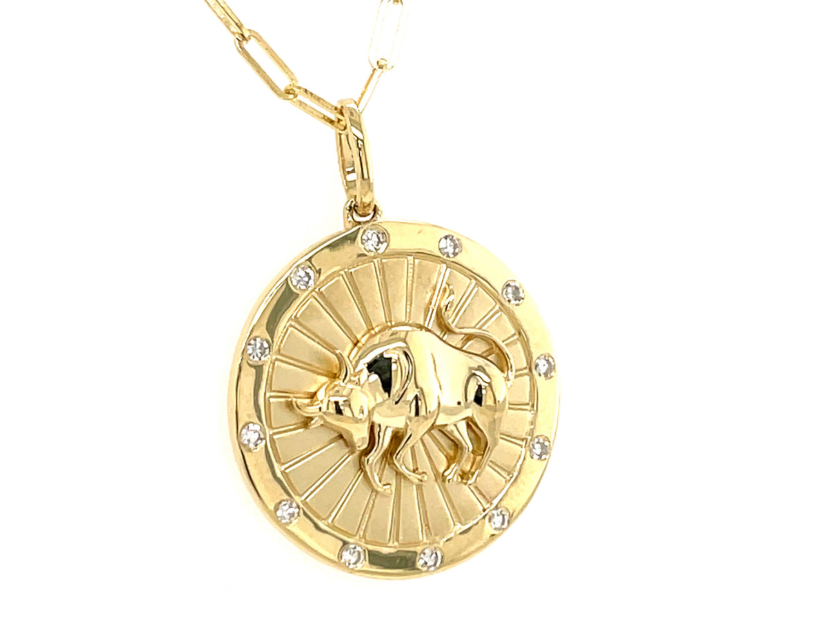 DIAMOND TAURUS MEDALLION PENDANT, 18" PAPERCLIP CHAIN, 14KY (N)