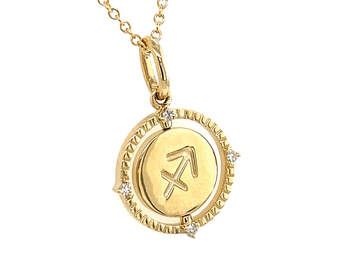 DIAMOND SAGITTARIUS FLIP DISC PENDANT,13.5MM, 18" CHAIN