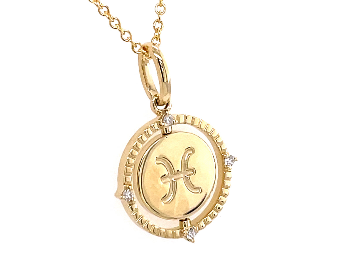 DIAMOND PISCES FLIP DISC PENDANT,13.5MM, 18" CHAIN