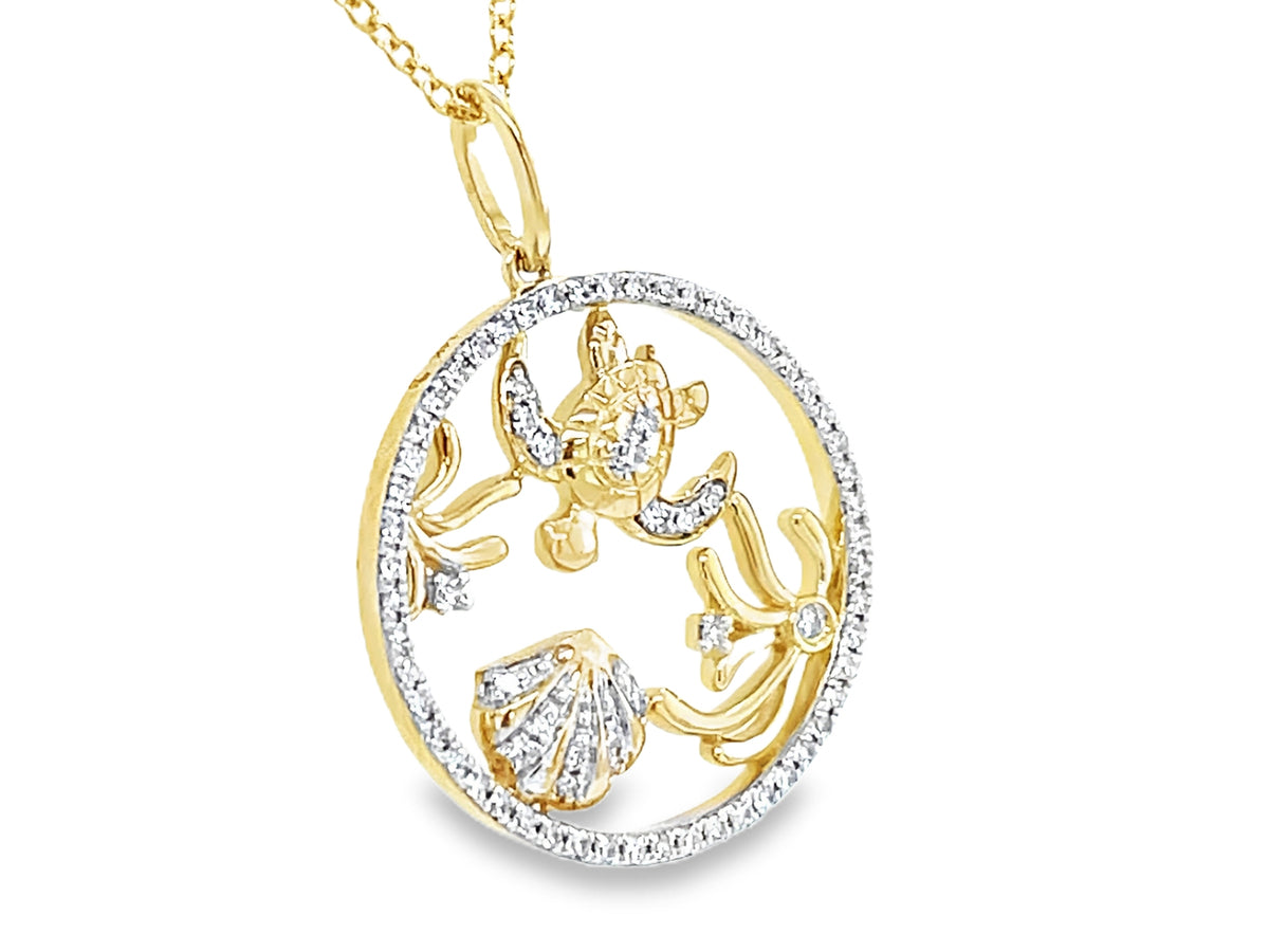 Diamond Sea Turtle Sea Shell Circle Pendant, 18"/16"