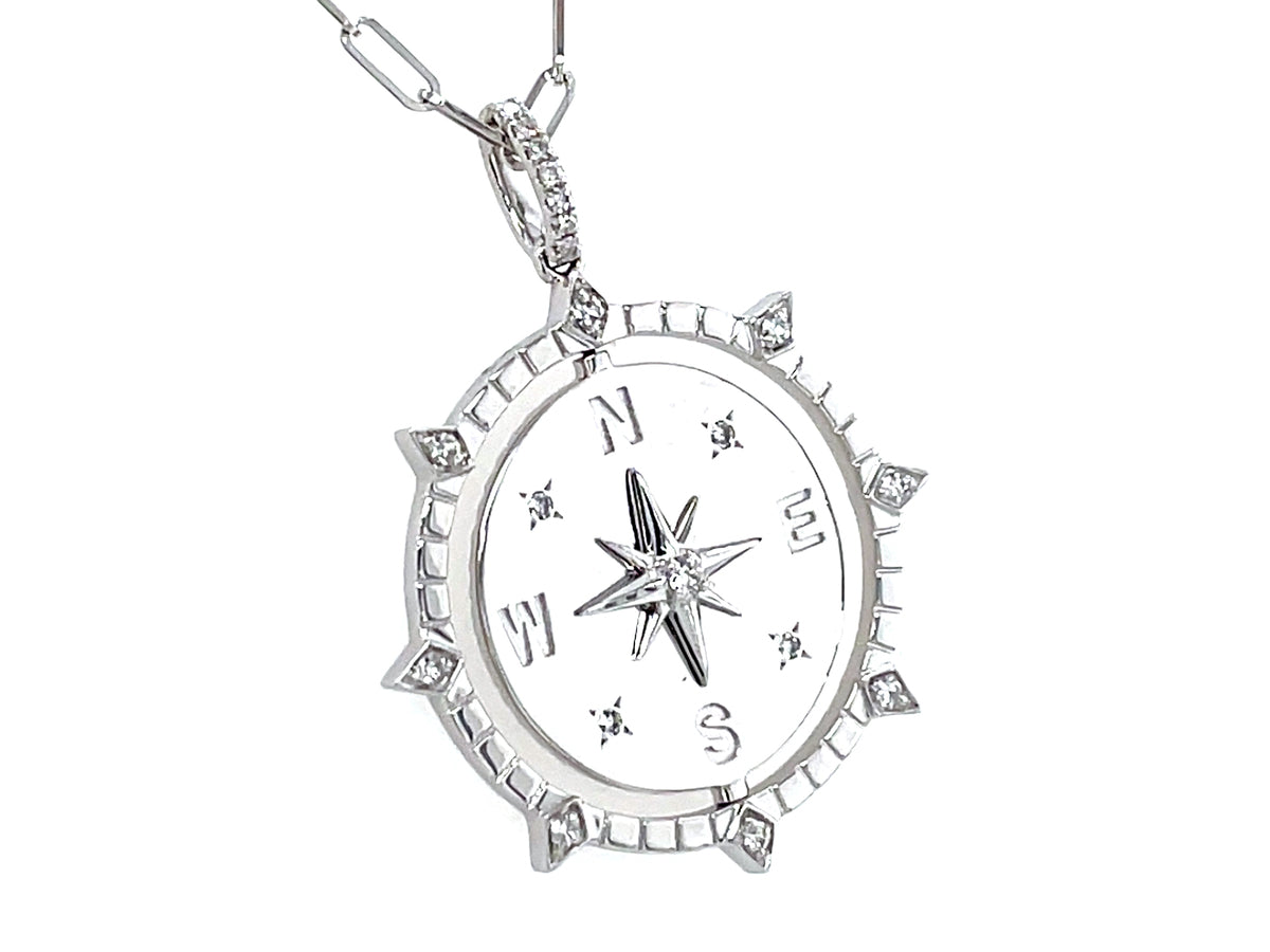 Diamond Compass Star Flip Disc Pendant, 22mm, 18" Paperclip Chain