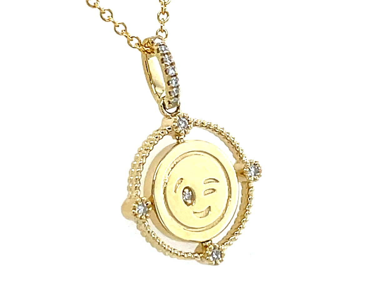 DIAMOND WINK/KISS EMOJI FLIP DISC PENDANT, 13MM, 18"/16"