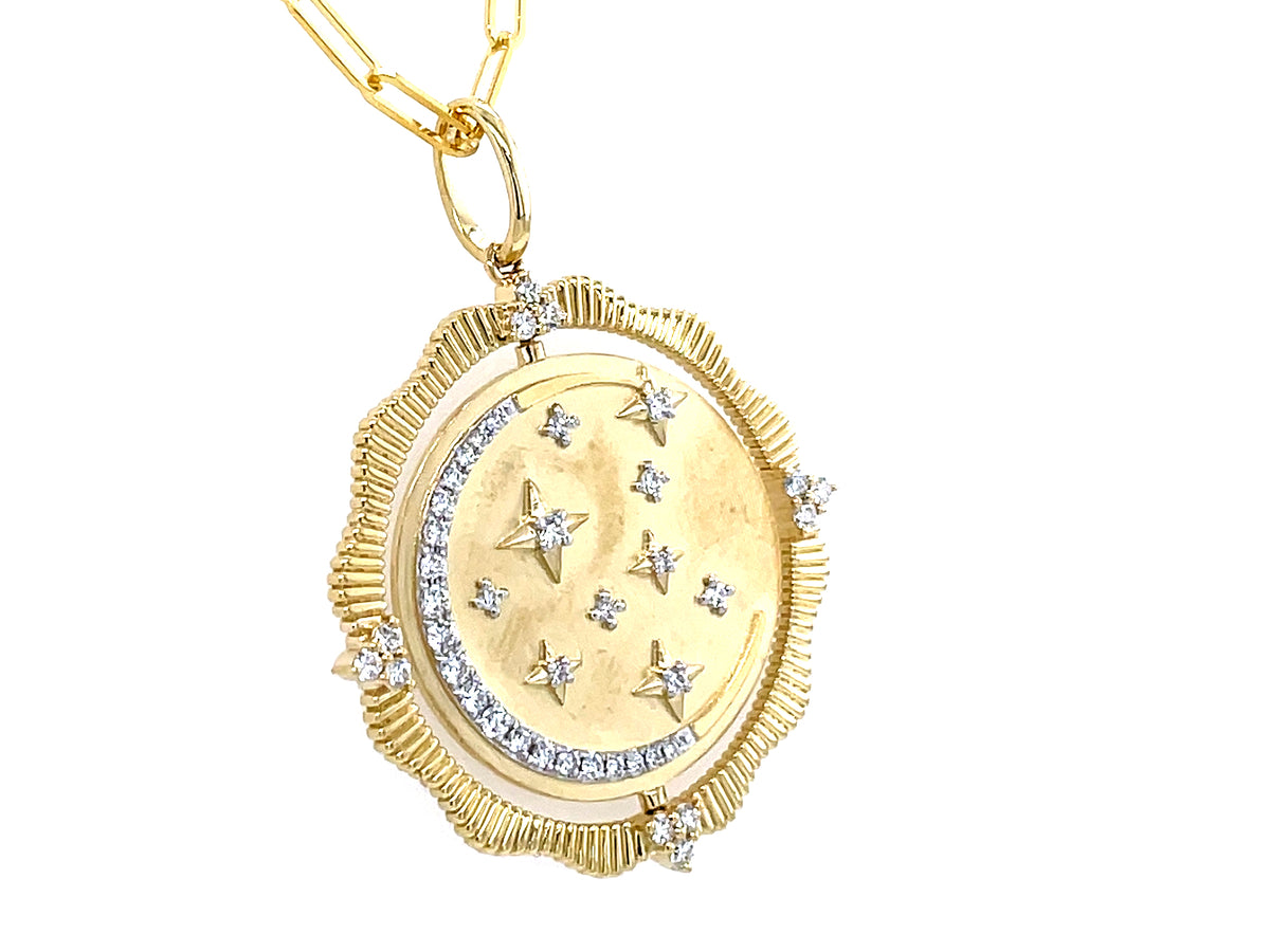 DIAMOND MOON & STARS CELESTIAL FLIP DISC MEDALLION PENDANT, 28MM, 18" PAPERCLIP CHAIN, SATIN FINISH