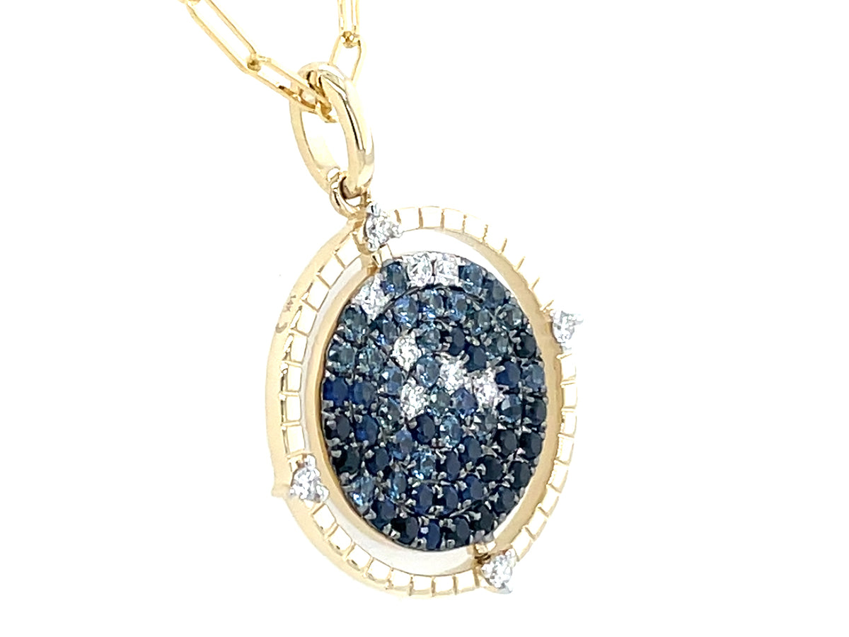 Sapphire Diamond Pave Flip Disc Medallion Pendant, 18" Paperclip Chain