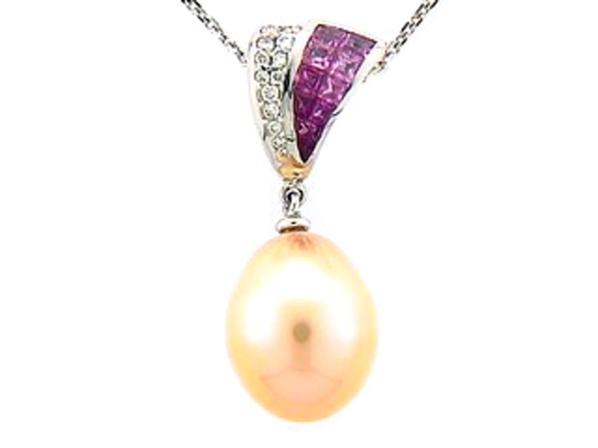 PINK SAPPHIRE, CULTURED FRESHWATER PEARL & DIAMOND PENDANT, 18KW (H/N), C=0.60