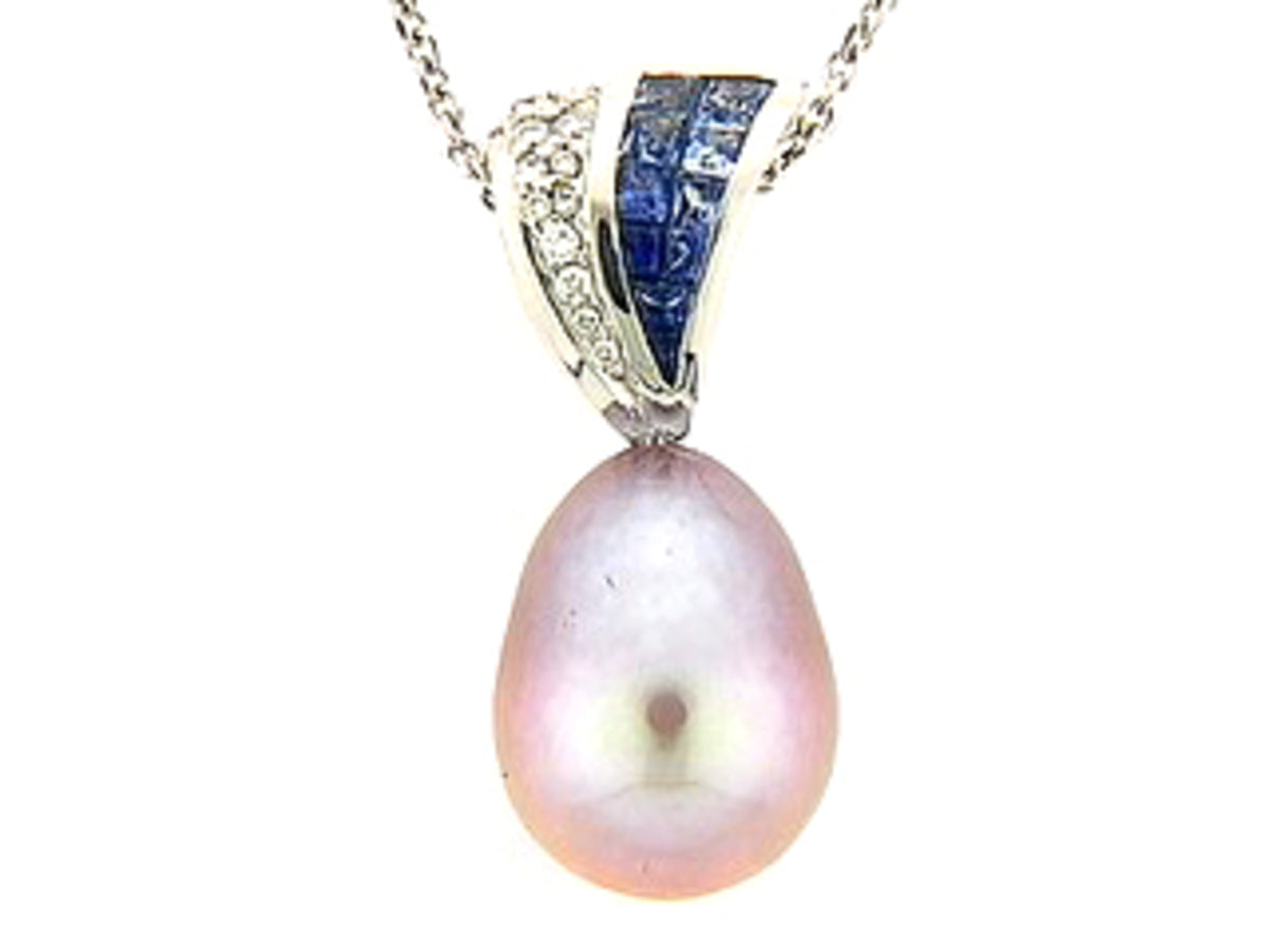 SAPPHIRE, CULTURED FRESHWATER PEARL & DIAMOND PENDANT, 18KW (H), C=0.60