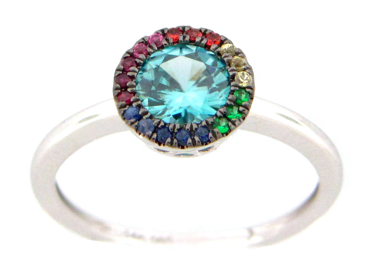 BLUE ZIRCON, RAINBOW SAPPHIRE & TSAVORITE HALO RING, 14KW (H/U/N)