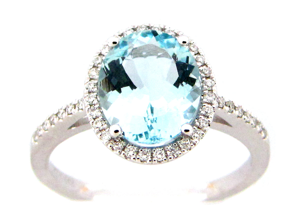AQUAMARINE OVAL & DIAMOND HALO RING, 14KW (H)