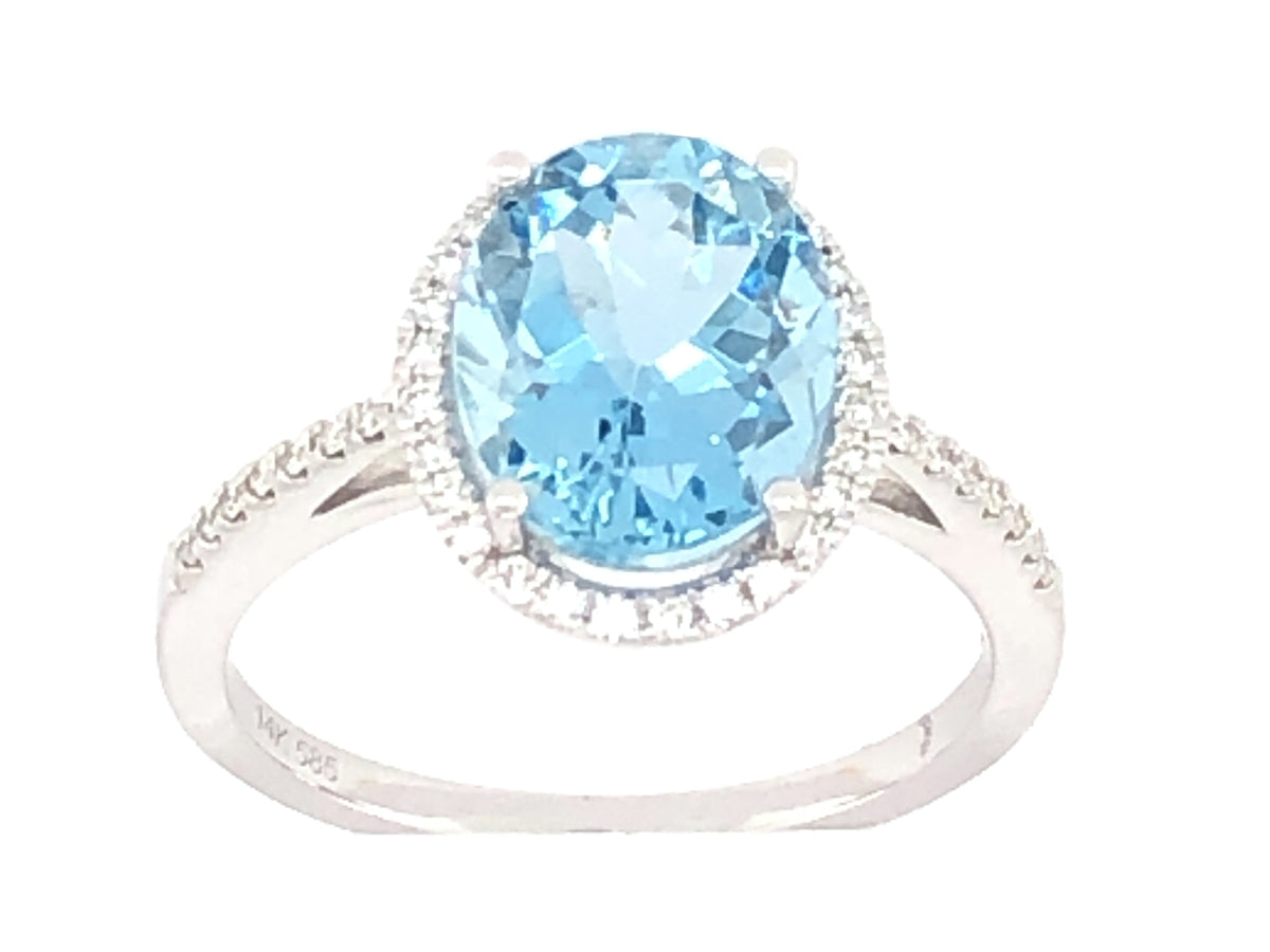 AQUAMARINE OVAL & DIAMOND HALO RING, 14KW (H)