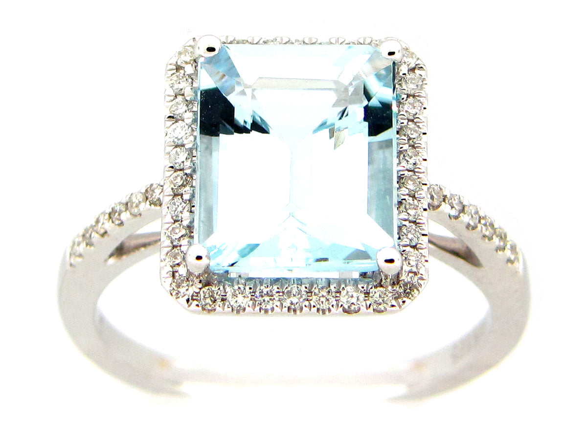 AQUAMARINE & DIAMOND RING, 14KW (H)