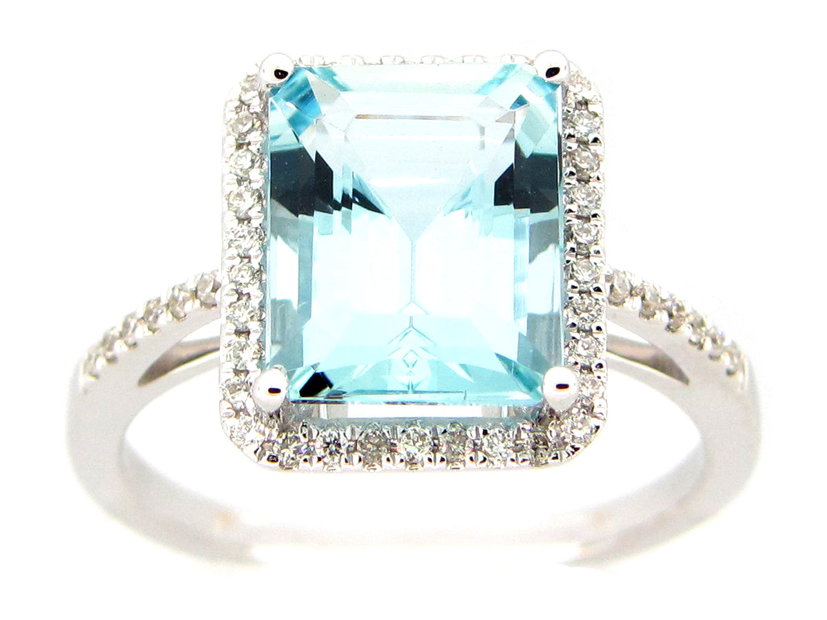 AQUAMARINE & DIAMOND RING, 14KW (H)